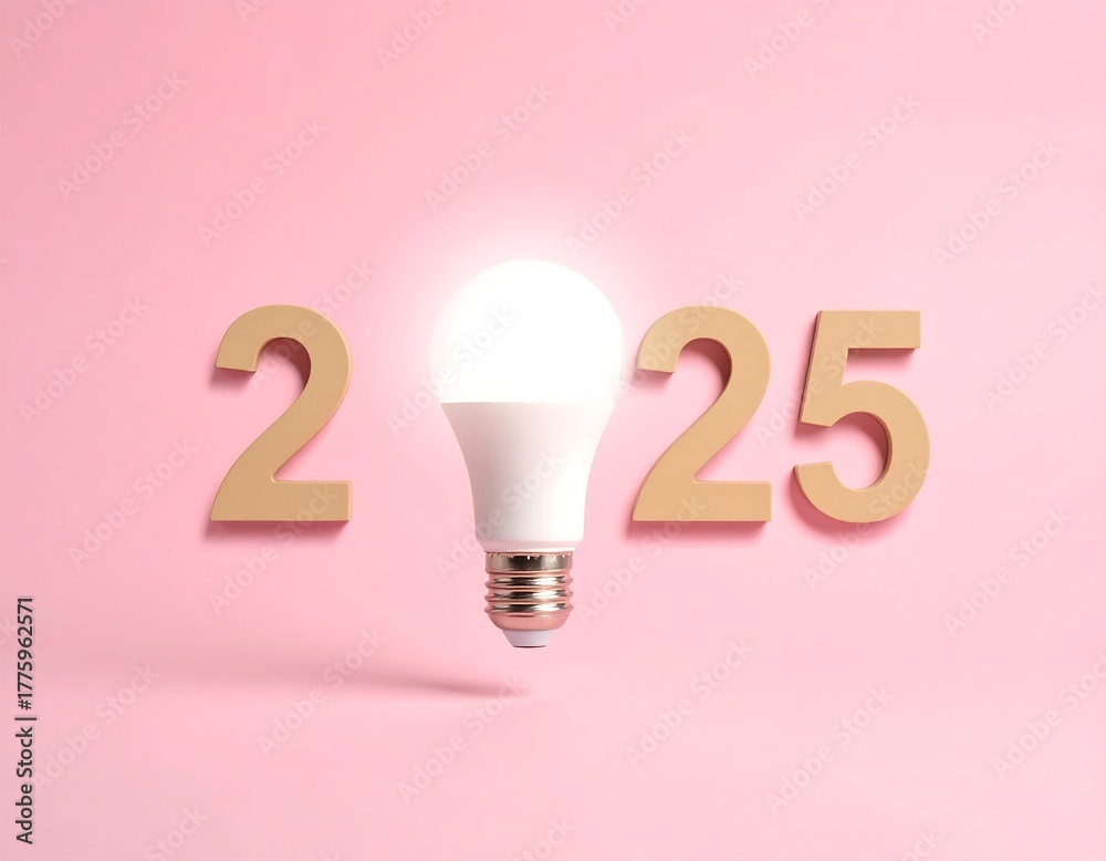 Fototapeta premium Glowing bulb replacing the zero in the year 2025 against pink