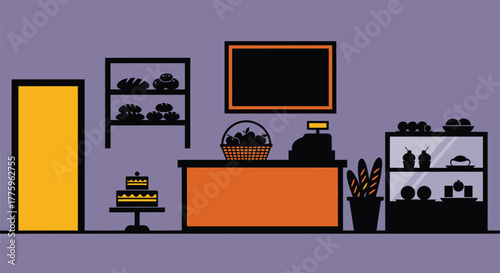 Bakery shop illustration with bread cake and pastry for sale art
