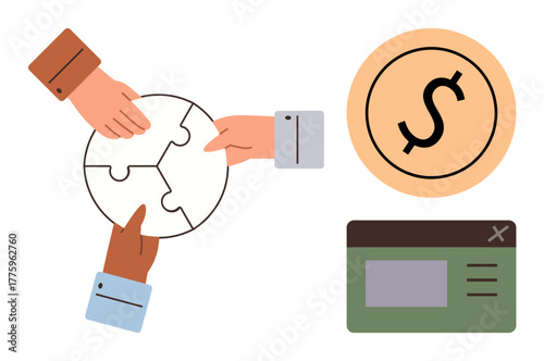 Three hands assembling a puzzle, highlighting collaboration, next to a dollar coin and interface card. Ideal for teamwork, finance, problem-solving, economy, partnerships, cooperation simple landing
