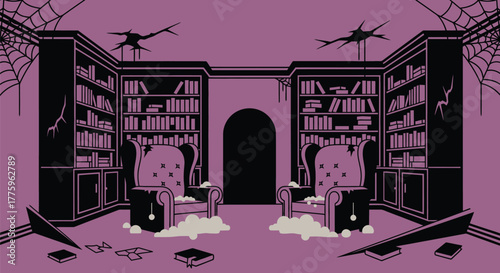 Haunted library room interior illustration with books and armchairs