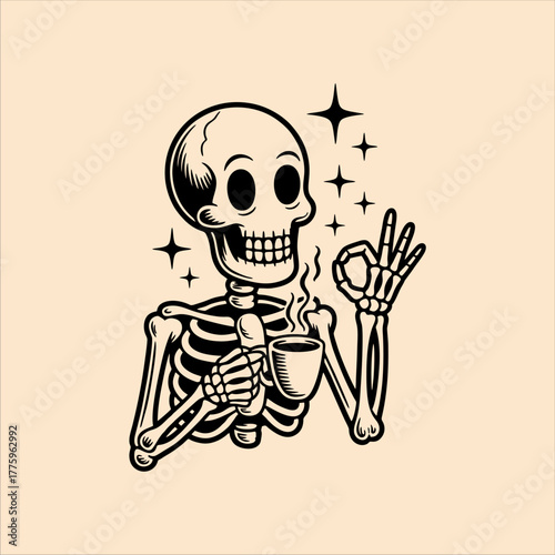Cartoon skeleton enjoying a hot beverage in a mug, making an OK hand gesture, surrounded by sparkling stars.