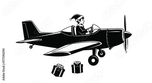 Christmas elf flying airplane with gifts vector illustration art