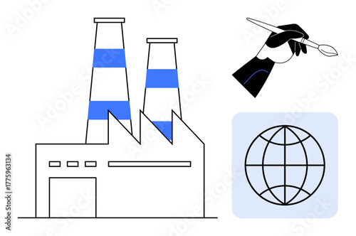Factory with smokestacks, hand with brush representing creativity, grid globe hinting globalization. Ideal for industry, innovation, creativity, environment, global trade, sustainability modern