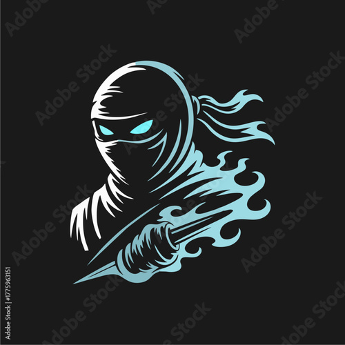 Stylized illustration of a ninja wielding a flaming kunai, depicted with glowing blue eyes against a dark background.