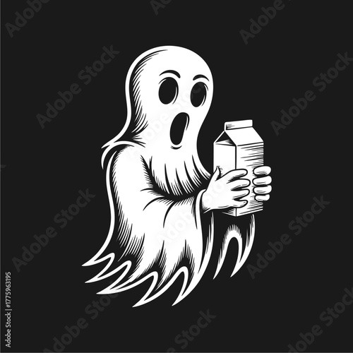 A surprised white cartoon ghost floats while holding a milk carton against a solid black background.
