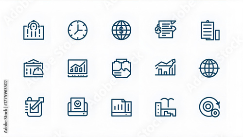 Modern business and finance line icons vector set for scalable graphics and presentations.Collection of sleek line art icons representing business finance and global concepts for versatile digital use