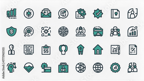 Collection of diverse business and technology icons for digital projects.Versatile set of scalable vector icons representing finance data technology and business concepts.