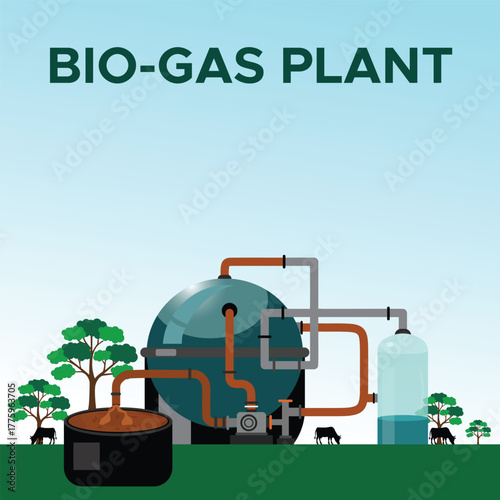 Biogas Plant Renewable Energy Production and Sustainable Waste Management Illustration
