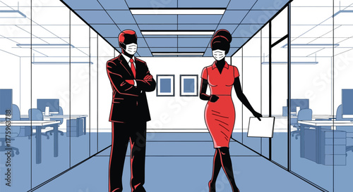 Business team wearing masks in office during pandemic vector image