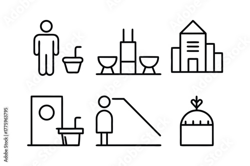 Set of six simple line art icons depicting public facilities and services Keywords: icon, line art, public facility, building, toilet, restroom