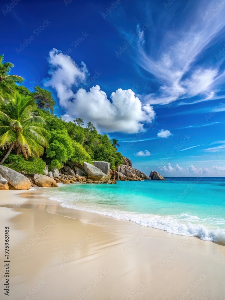 Obraz premium Serene beach at Anse Georgette with crystal clear turquoise water and powdery white sand