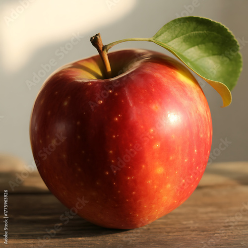 Fresh red apple with a leaf studio shot on a wooden surface healthy eating concept