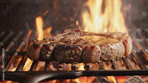 Close-up of a thick steak grilling with a large flame flare-up