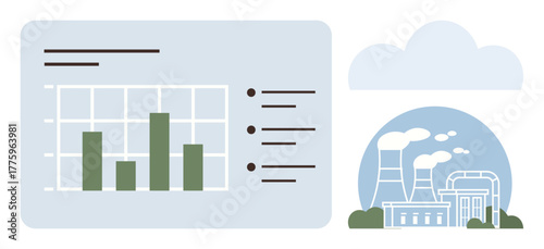 Bar chart visualizing data alongside a factory emitting smoke, suggesting analysis of industrial emissions. Ideal for data presentation, sustainability, pollution, energy, industry, environmental