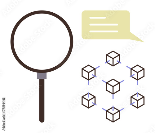 Magnifying glass near interconnected blockchain cubes and a speech bubble suggesting communication. Ideal for analysis, data exploration, blockchain technology, security, networking, communication