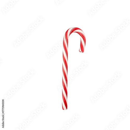A classic red and white striped candy cane, a traditional Christmas holiday sweet treat, isolated against a pristine white background for festive designs