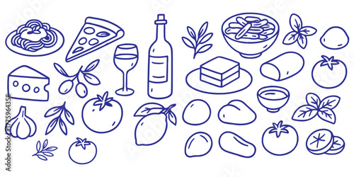 Hand drawn italian food set. Mediterranean lunch and dinner icons in doodle sketch. Lemons, pasta, tomato, pizza, cheese, wine. Italian summer vacation. Dolce vita aesthetics. Vector illustration.