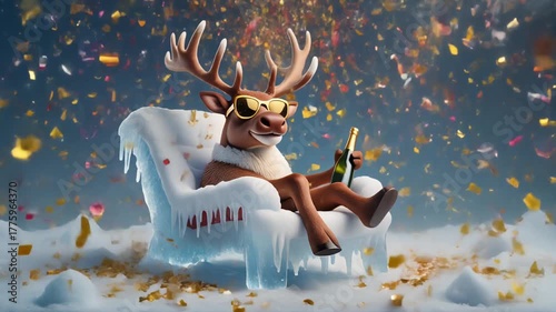 Reindeer lounging on ice chair with champagne and confetti in festive surreal scene