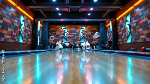 Vibrant neon bowling alley lane with wooden floor, glossy reflection of orange purple bowling ball rolling toward white pins, energetic indoor sport