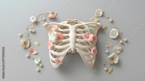 Artistic ribcage display adorned with pastel flowers and pearls  
