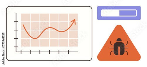 Chart with rising graph trend, warning icon with bug symbol, and progress bar indicating system status. Ideal for analytics, troubleshooting, technology, software, monitoring, error alerts simple