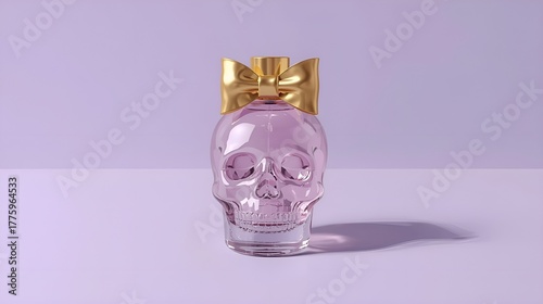 Skull-shaped perfume bottle with golden bow on purple background  