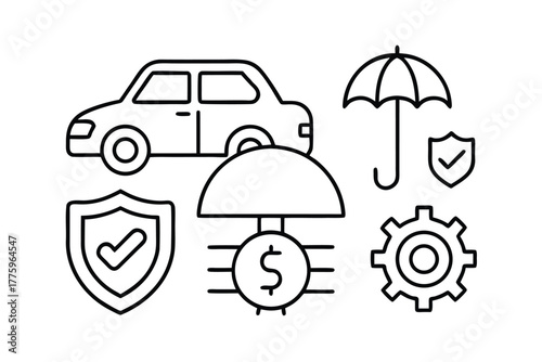 Car insurance and financial protection icons on white background Keywords: car, insurance, protection, safety, security, umbrella, shield
