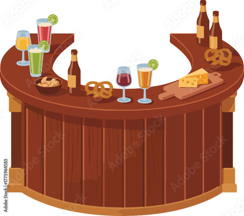 Wooden bar counter vector illustration featuring an assortment of refreshing drinks and delicious snacks for a social gathering