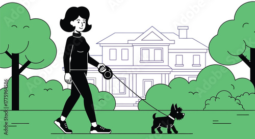 Illustration of woman walking dog in park near house vector design