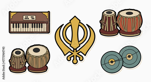 Flat vector Sikh religious instrument icons