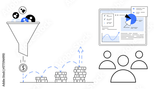 Funnel filtering audiences into coins symbolizing revenue, stacks of money increasing with arrows, dashboard with analytics data, and user icons. Ideal for marketing, sales, growth, analytics