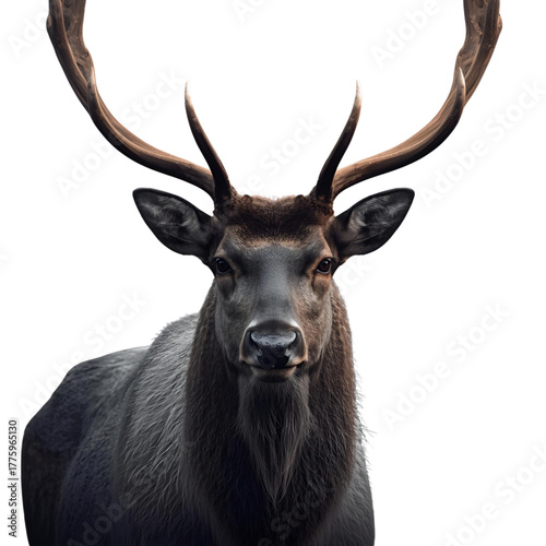 Majestic black deer with large impressive antlers, a powerful stag looking forward, isolated on a white background