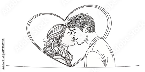 Vector illustration of a couple kissing inside a heart shaped frame with detailed line work and shading effects