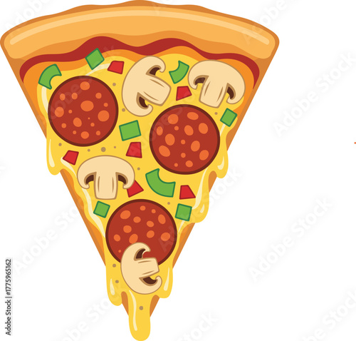 Delicious vector pizza slice with pepperoni mushrooms and green peppers on a cheesy crust isolated on transparent background