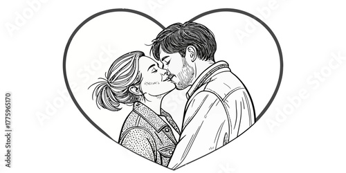 Vector a couple in denim jackets kissing inside a heart shaped frame in black and white line drawing style