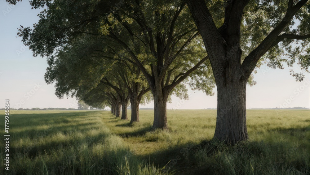 Obraz premium Row of majestic oak trees lining a grassy field at sunrise.