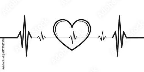 Vector heartbeat line with heart shape in the center showing a healthy rhythm on a white background design