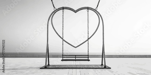 Vector metal heart shaped swing hanging by chains in a room with white walls and wooden floorboards