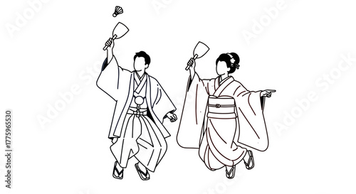 Joyful couple in traditional Japanese attire dances with fans, celebrating culture and heritage.