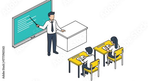 Teacher leading a lesson at the front of a classroom with attentive students at their desks.