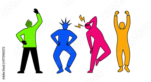 Colorful figures express different emotions and actions in a dynamic composition.