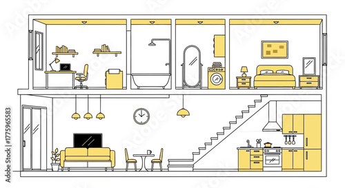 Modern minimalist house interior blueprint with distinct living spaces and yellow accents