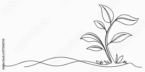 Vector single line drawing of a plant with leaves growing from the ground in a minimalist style art
