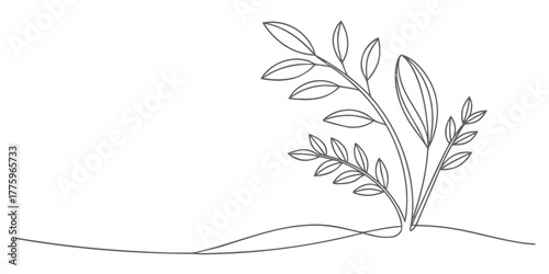 Vector minimalist drawing of leafy plant with simple ground line in black and white illustration style art
