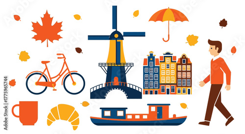 Amsterdam travel illustration with windmill and autumn elements editable vector