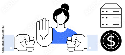 Woman gesturing stop with raised hand between two fists, alongside a server stack and dollar coin. Ideal for conflict resolution, workplace ethics, technology, finance, negotiation, power dynamics