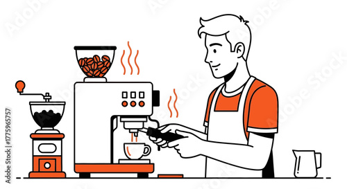 Barista skillfully prepares fresh espresso at a modern coffee machine, creating a warm aroma.