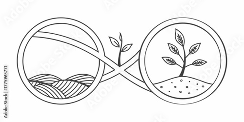 Vector illustration of interconnected circles showing a field and a growing tree in black and white