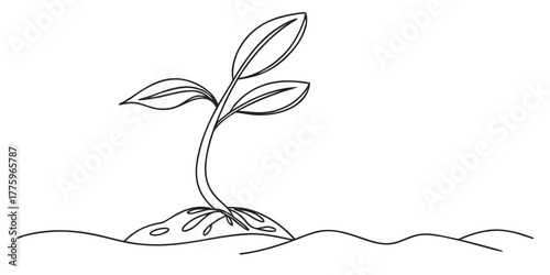 Vector a single line drawing of a small plant with three leaves growing from a mound of earth and soil