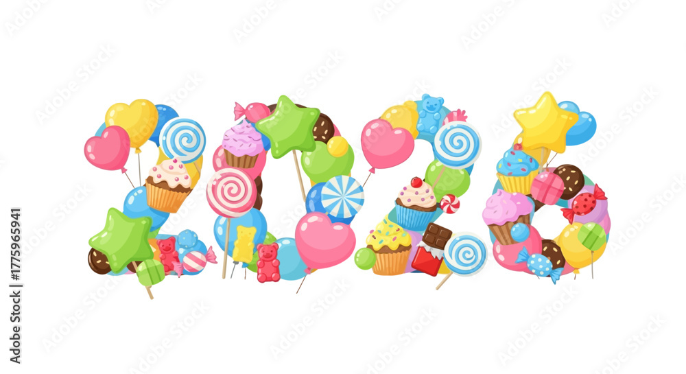 Obraz premium Cute 2026 Numbers Formed with Colorful Balloons and Sweet Candies – Adorable New Year Concept